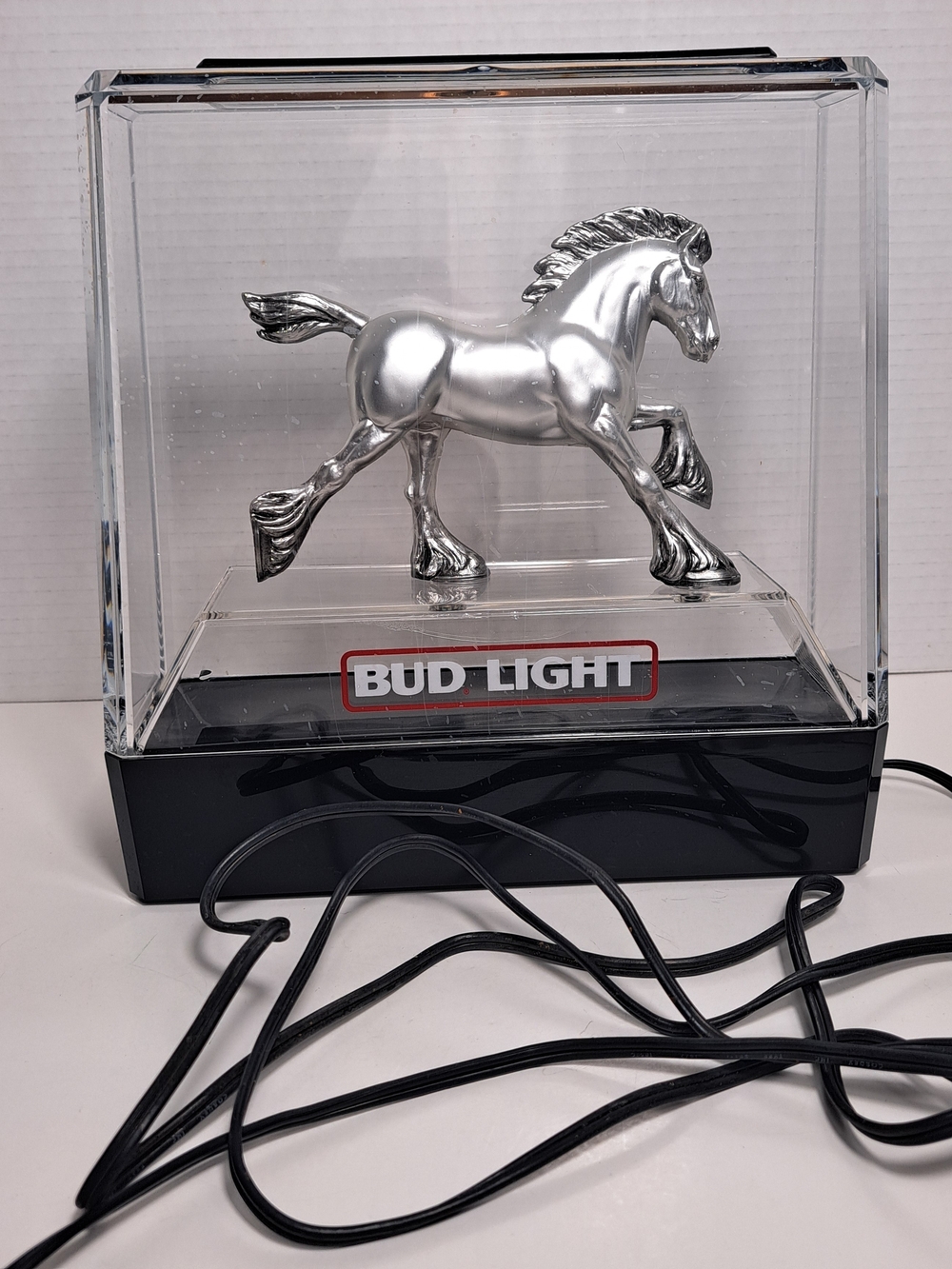 Vintage Bud Light Beer Sign Silver Clydesdale Lighted Bar Display 1982. Works